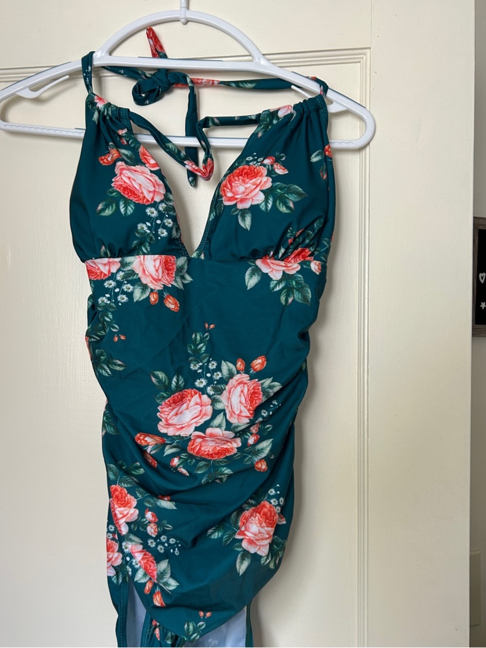 Teal Floral Halter One-Piece Swimsuit - Rose Print